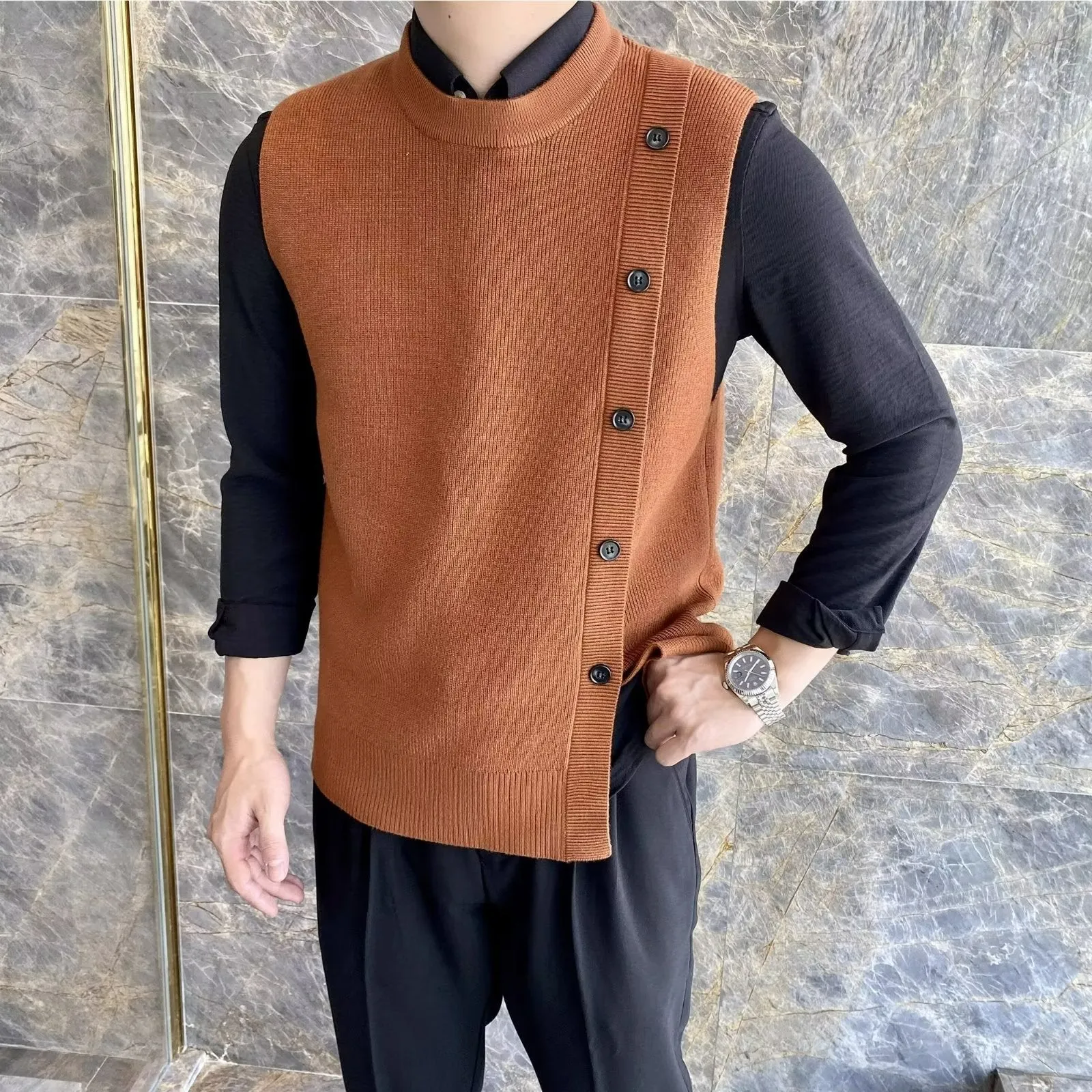Advbridge Asymmetric Design Men's knitted Vest Spring and Autumn Sleeveless O-neck Sweater Coat Korean Fashion Tank Tops Male Waistcoat