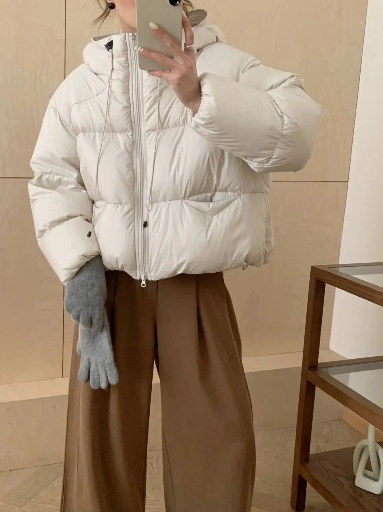 Amozae-Autumn Casual Outfits Amozae-90 White Duck Puff Fluffy Hooded Down Coat For Women 2024 Winter Thick Crop Bread Jacket