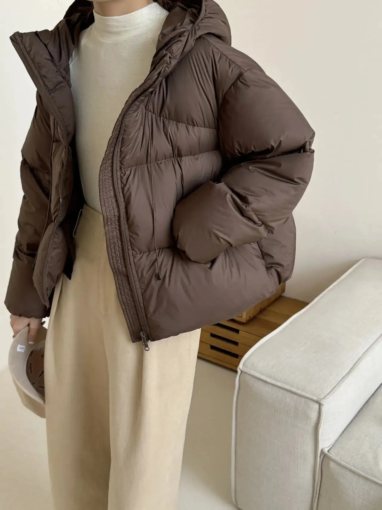 Amozae-Autumn Casual Outfits Amozae-90 White Duck Puff Fluffy Hooded Down Coat For Women 2024 Winter Thick Crop Bread Jacket