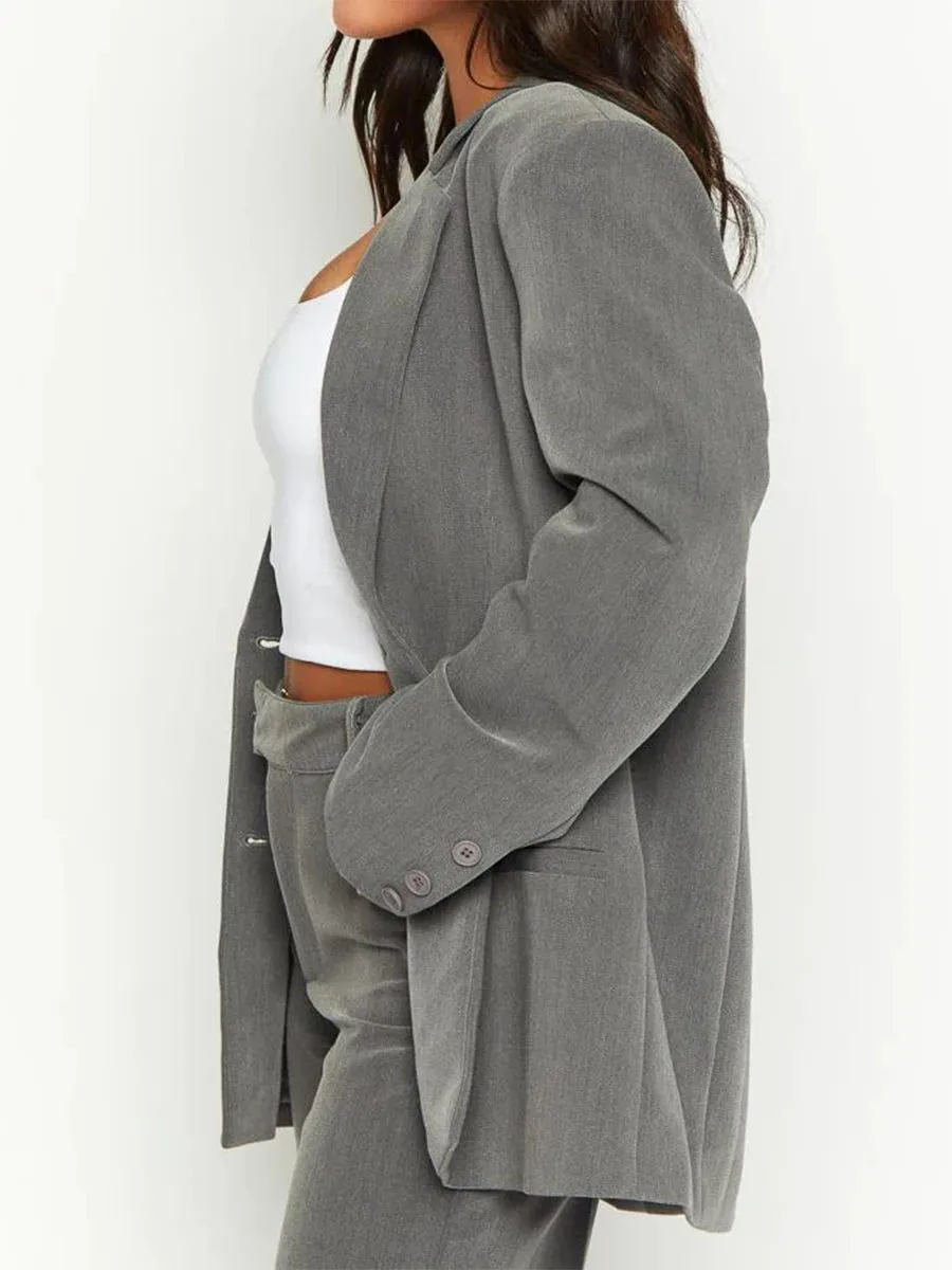 Amozae-Women's Temperament Loose Blazer, Solid Color Long Sleeve Single Breasted Coat Work Office Jacket Clothing