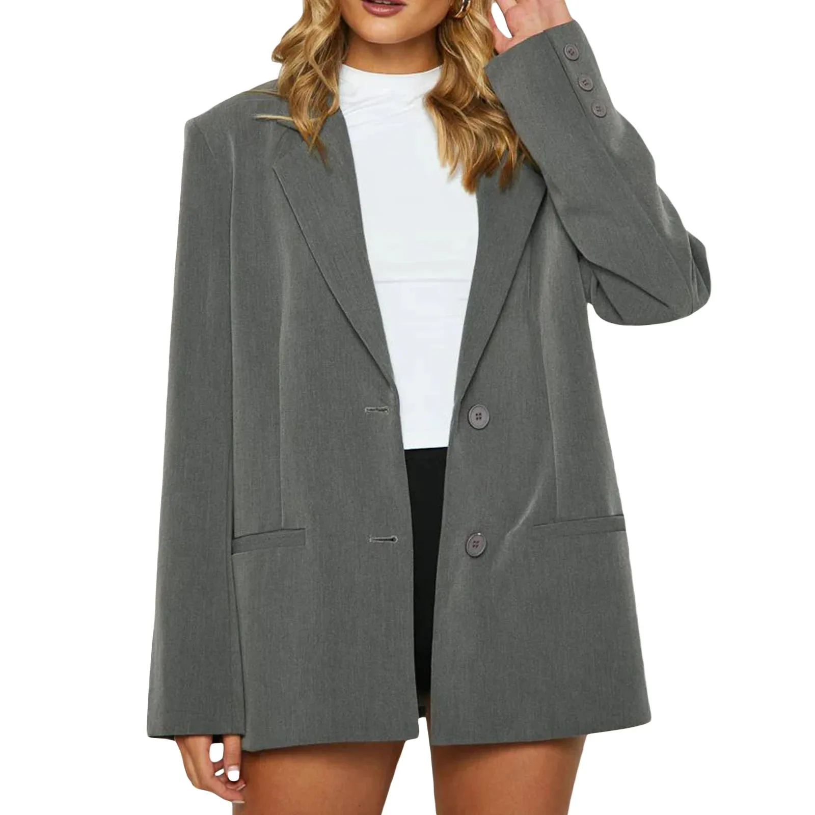 Amozae-Women's Temperament Loose Blazer, Solid Color Long Sleeve Single Breasted Coat Work Office Jacket Clothing