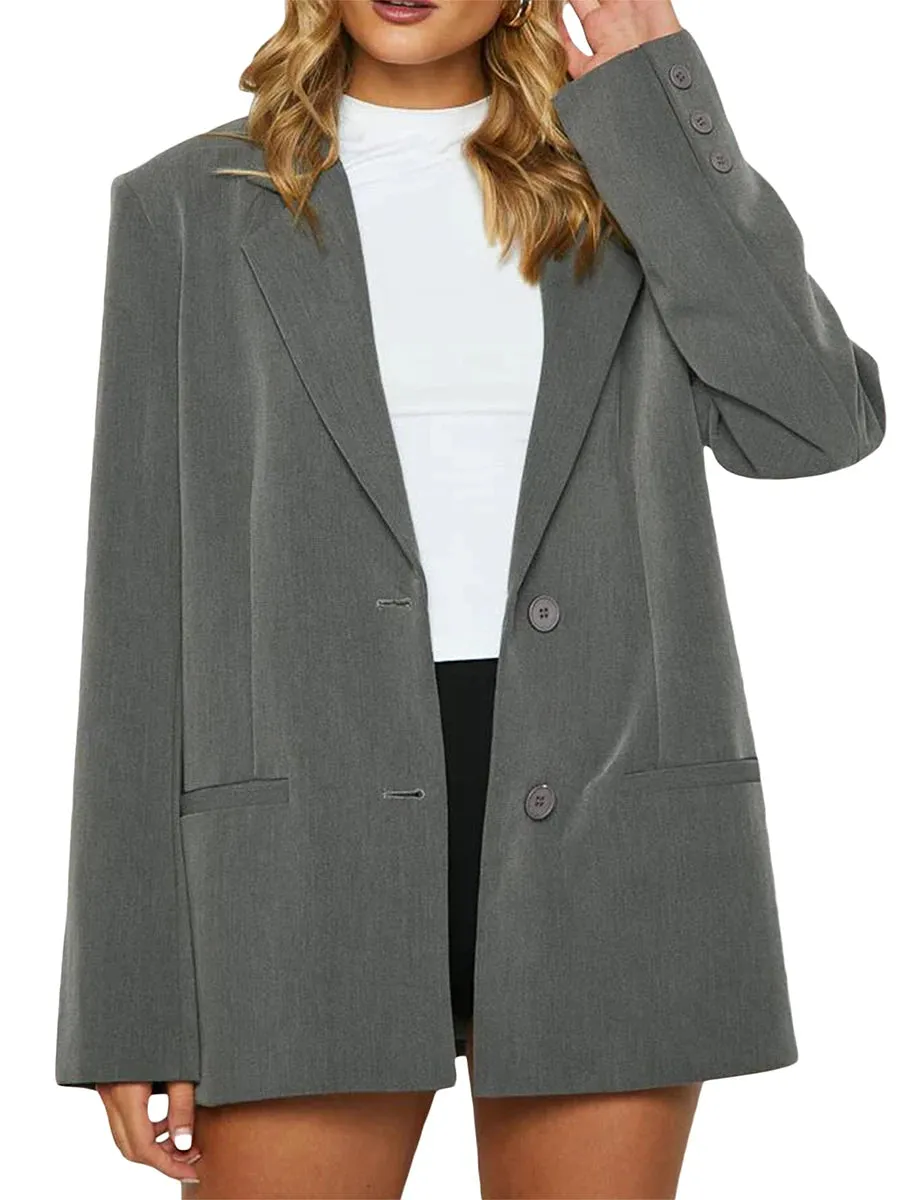 Amozae-Women's Temperament Loose Blazer, Solid Color Long Sleeve Single Breasted Coat Work Office Jacket Clothing