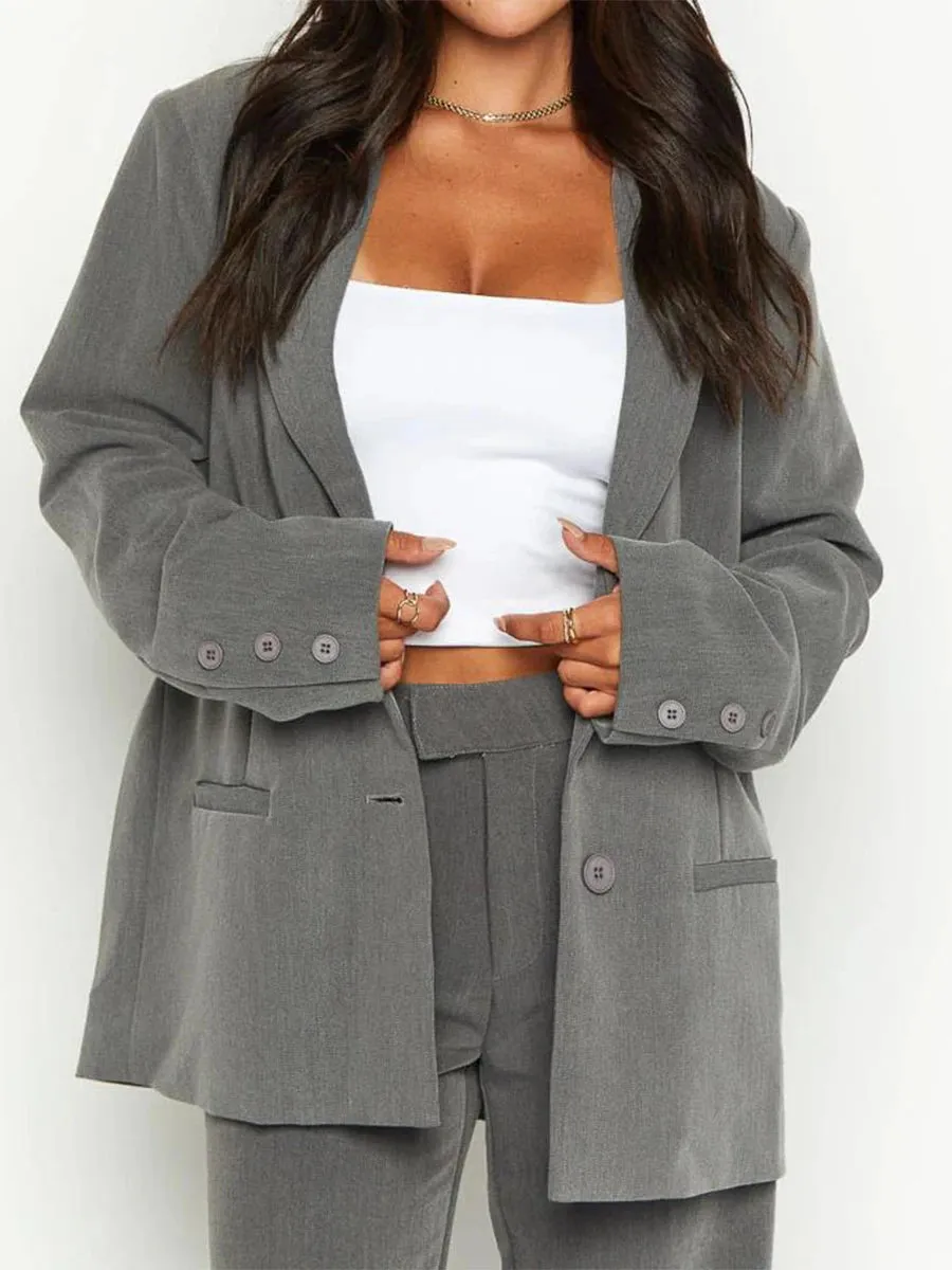 Amozae-Women's Temperament Loose Blazer, Solid Color Long Sleeve Single Breasted Coat Work Office Jacket Clothing