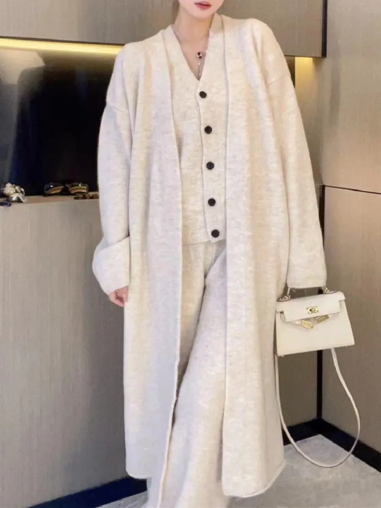 Autumn Thick Knitted Three Pieces Sets Ladies Design Loose Cardiagsn Knit Vest Elastic Long Pants OL Sweater Suits