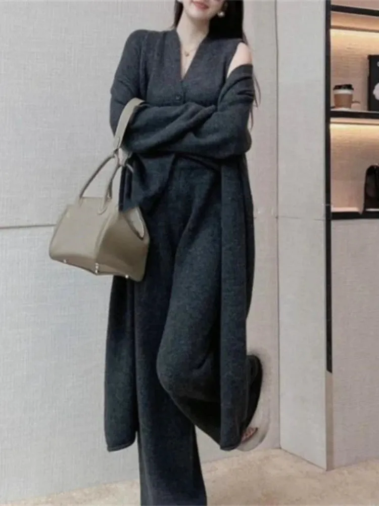Autumn Thick Knitted Three Pieces Sets Ladies Design Loose Cardiagsn Knit Vest Elastic Long Pants OL Sweater Suits