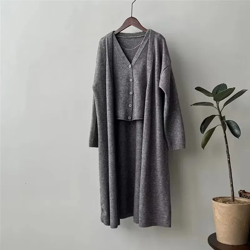 Autumn Thick Knitted Three Pieces Sets Ladies Design Loose Cardiagsn Knit Vest Elastic Long Pants OL Sweater Suits