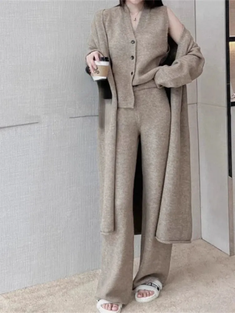 Autumn Thick Knitted Three Pieces Sets Ladies Design Loose Cardiagsn Knit Vest Elastic Long Pants OL Sweater Suits