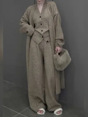 Autumn Thick Knitted Three Pieces Sets Ladies Design Loose Cardiagsn Knit Vest Elastic Long Pants OL Sweater Suits