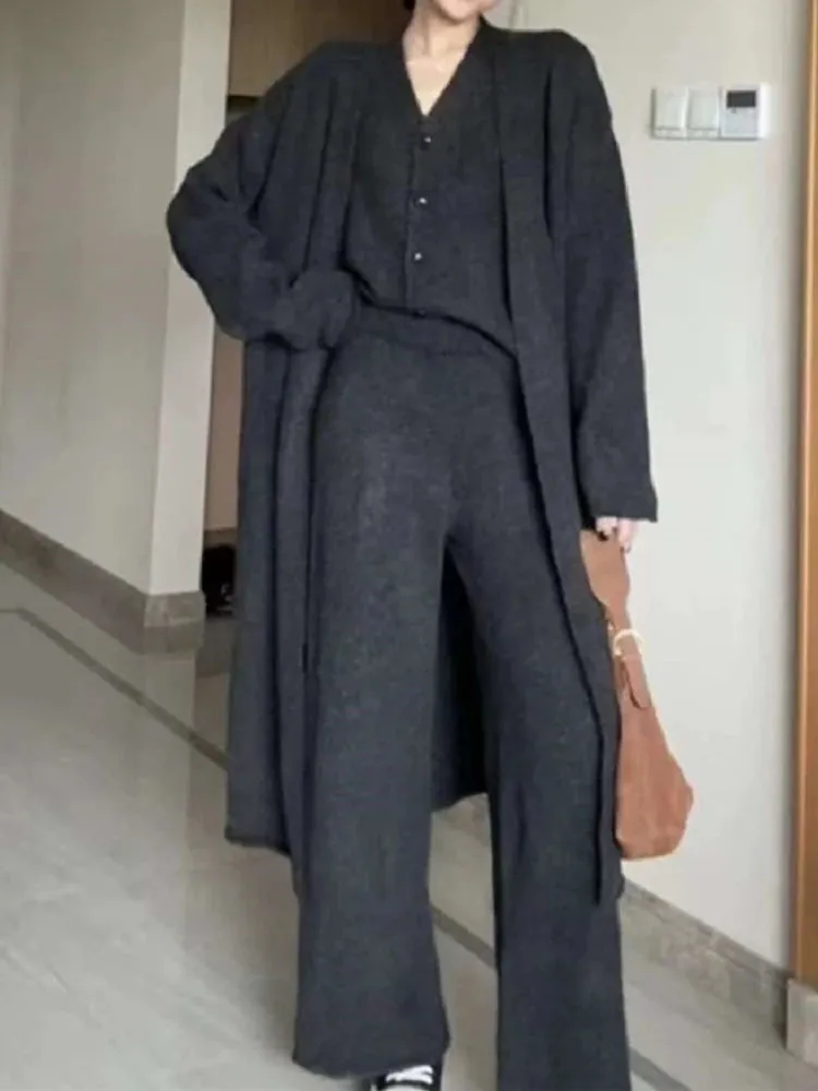 Autumn Thick Knitted Three Pieces Sets Ladies Design Loose Cardiagsn Knit Vest Elastic Long Pants OL Sweater Suits