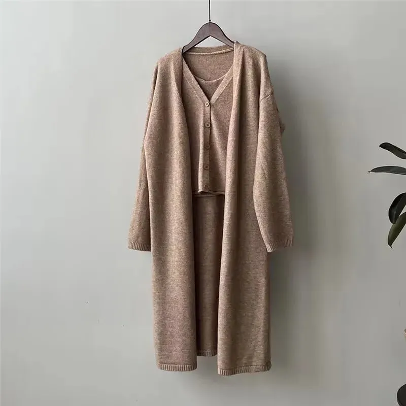 Autumn Thick Knitted Three Pieces Sets Ladies Design Loose Cardiagsn Knit Vest Elastic Long Pants OL Sweater Suits