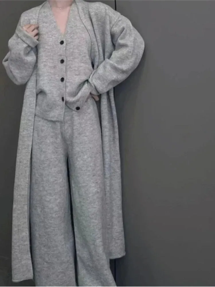 Autumn Thick Knitted Three Pieces Sets Ladies Design Loose Cardiagsn Knit Vest Elastic Long Pants OL Sweater Suits