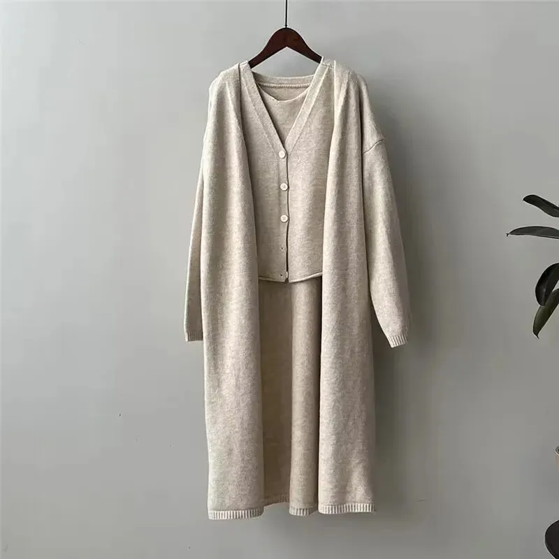 Autumn Thick Knitted Three Pieces Sets Ladies Design Loose Cardiagsn Knit Vest Elastic Long Pants OL Sweater Suits