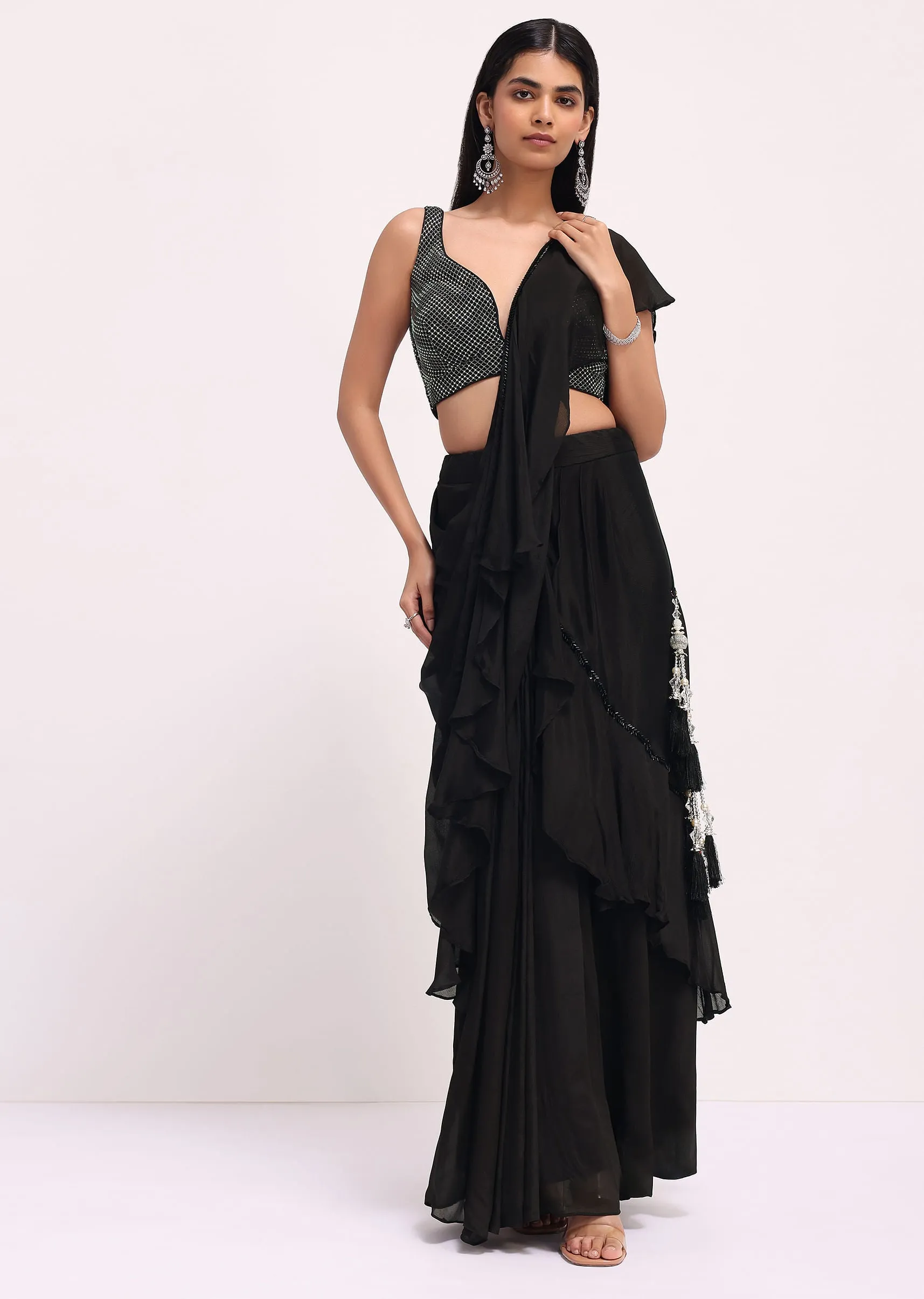 Black Embroidered Ready Pleated Skirt With Attached Dupatta