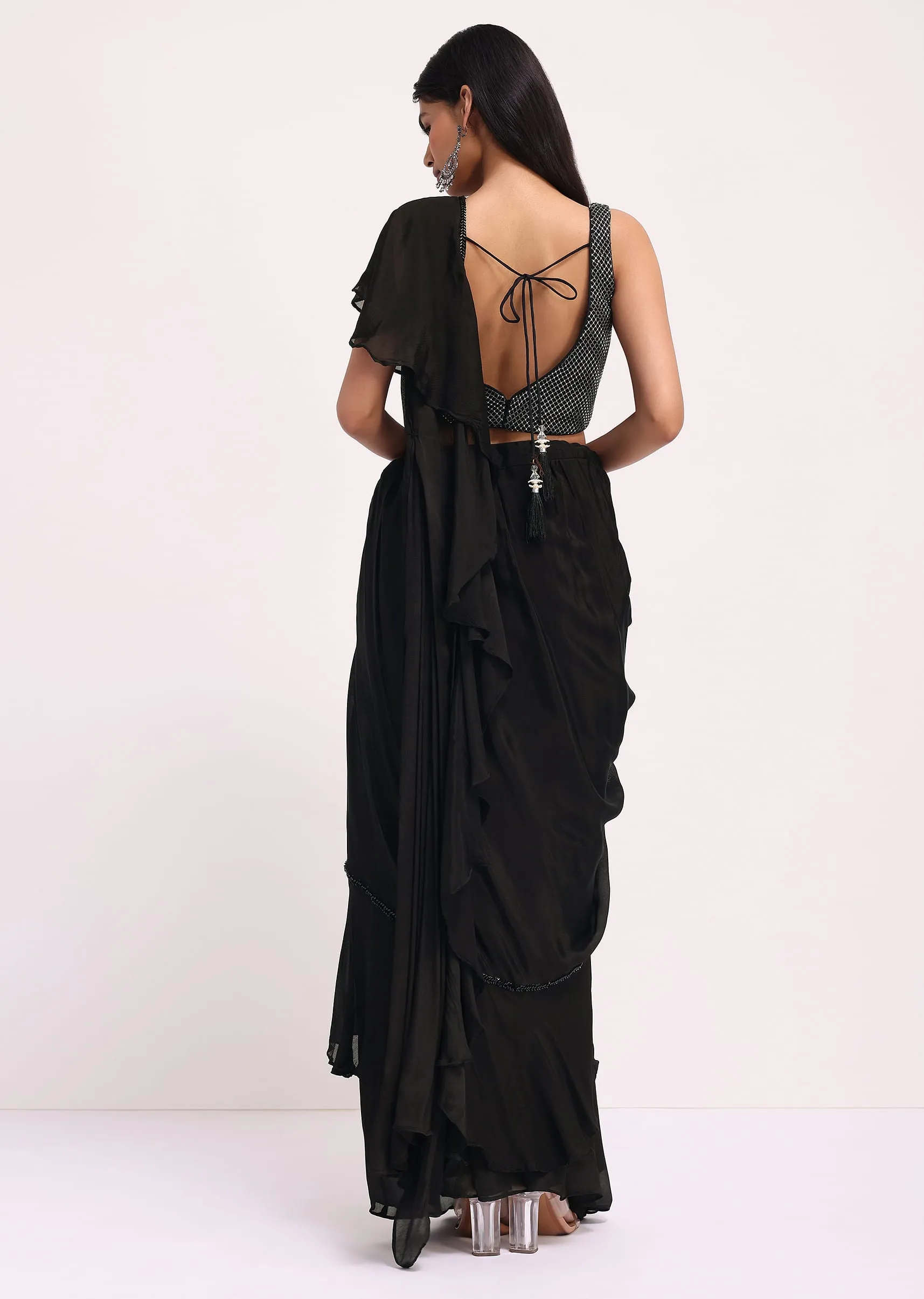 Black Embroidered Ready Pleated Skirt With Attached Dupatta