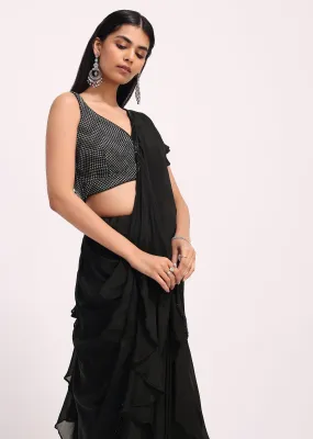 Black Embroidered Ready Pleated Skirt With Attached Dupatta