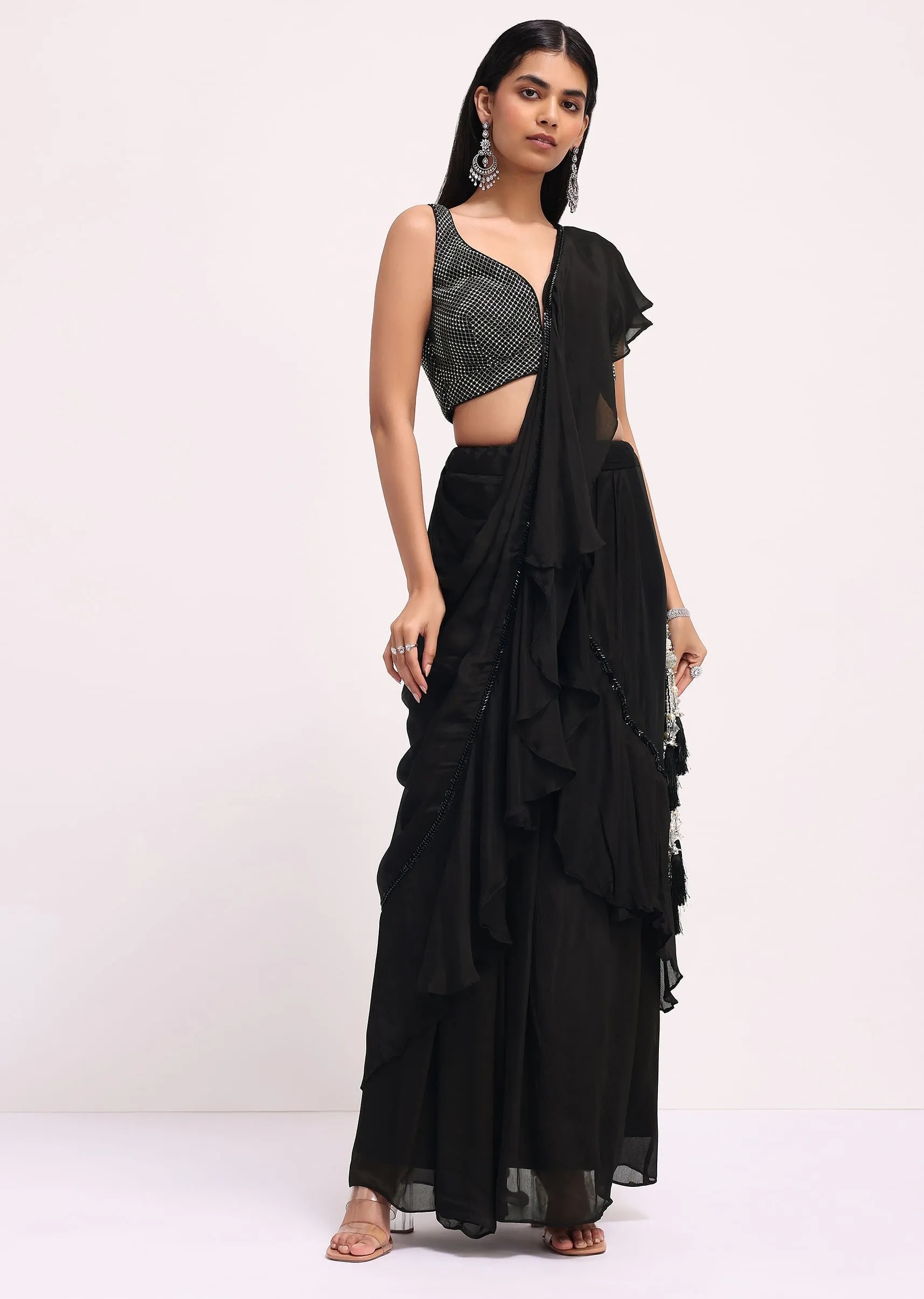 Black Embroidered Ready Pleated Skirt With Attached Dupatta