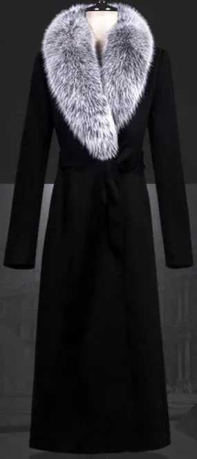 Black Wool Coat with Fox Fur Collar