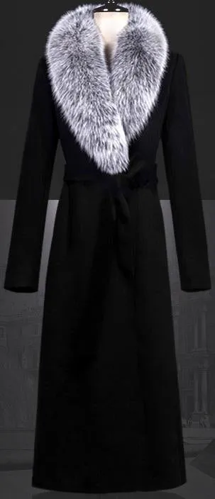 Black Wool Coat with Fox Fur Collar