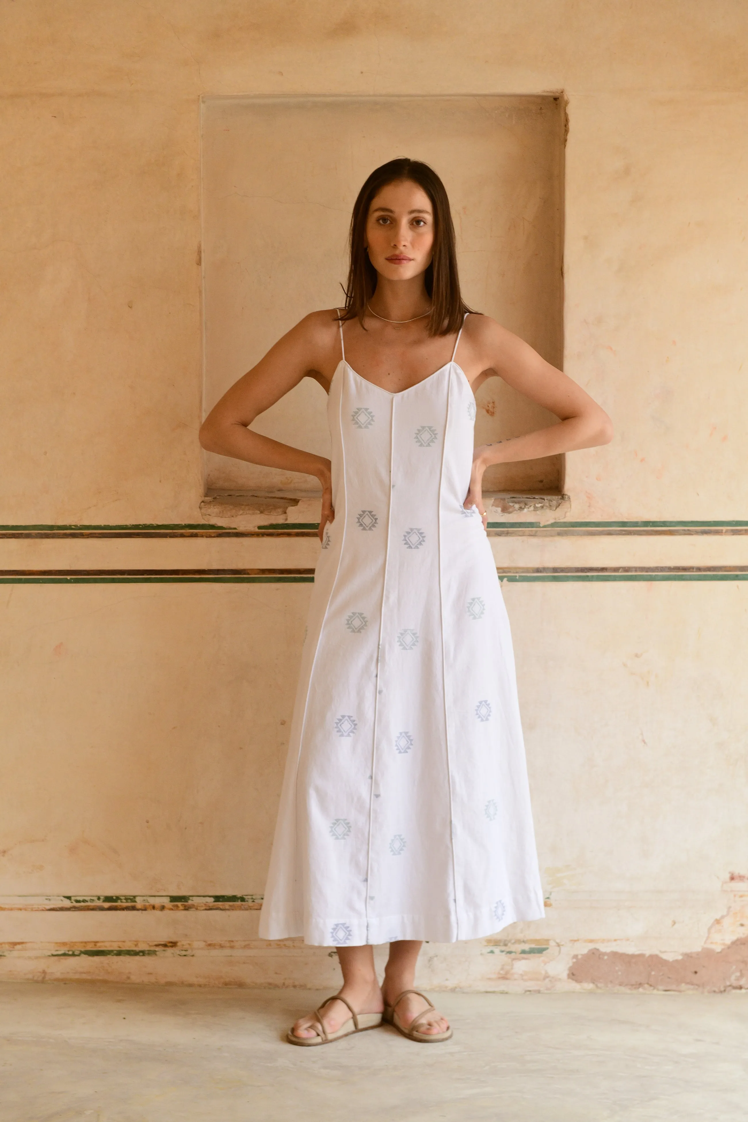 Borneo Slip Dress in White Sedona Jamdani