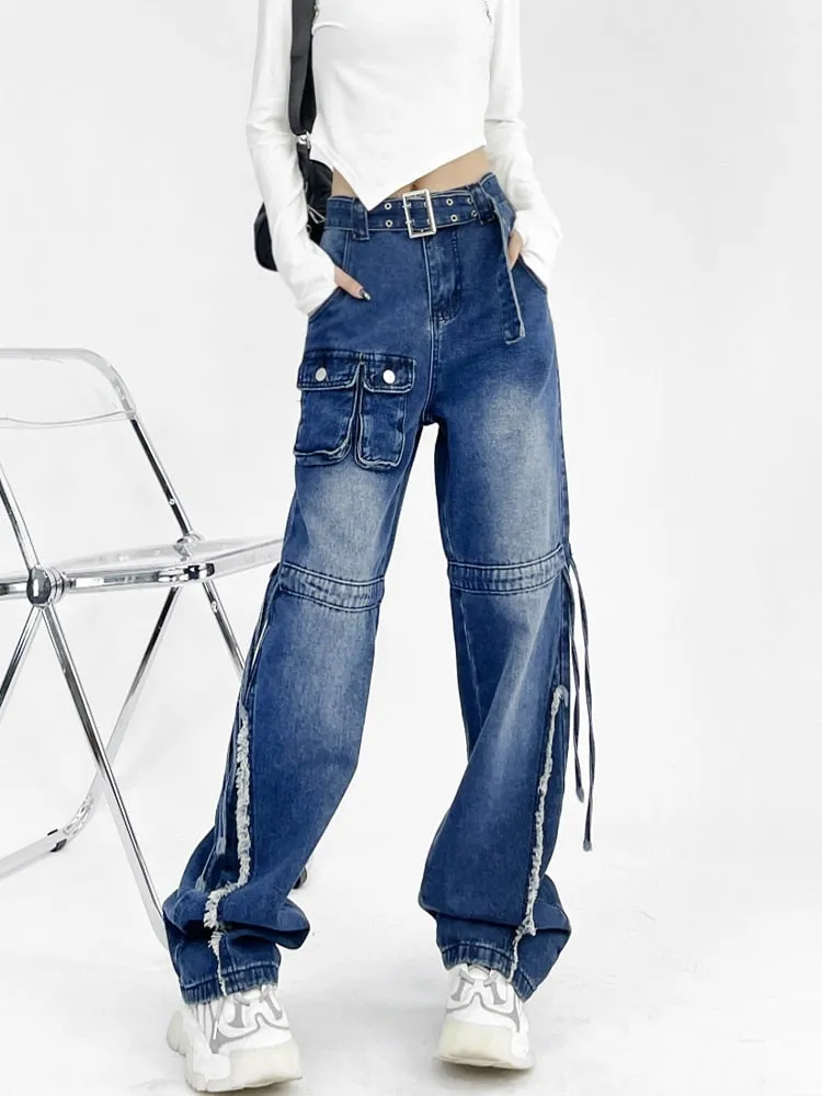 Cargo Pocket Baggy Boyfriend Jeans For Women High Waist Cargo Pants