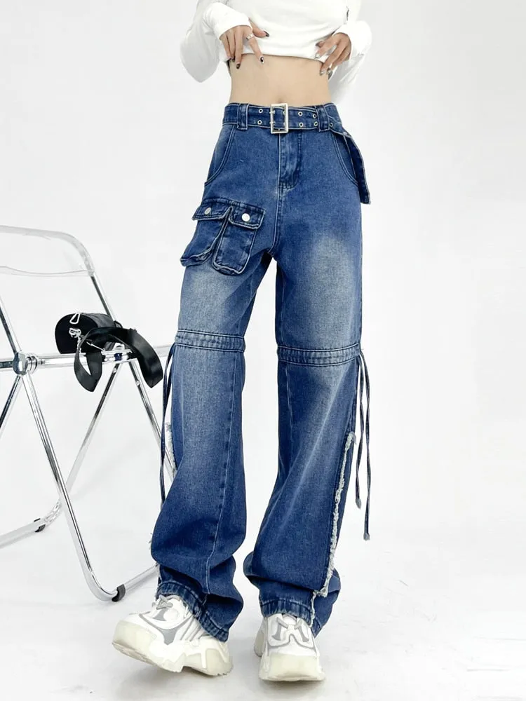 Cargo Pocket Baggy Boyfriend Jeans For Women High Waist Cargo Pants