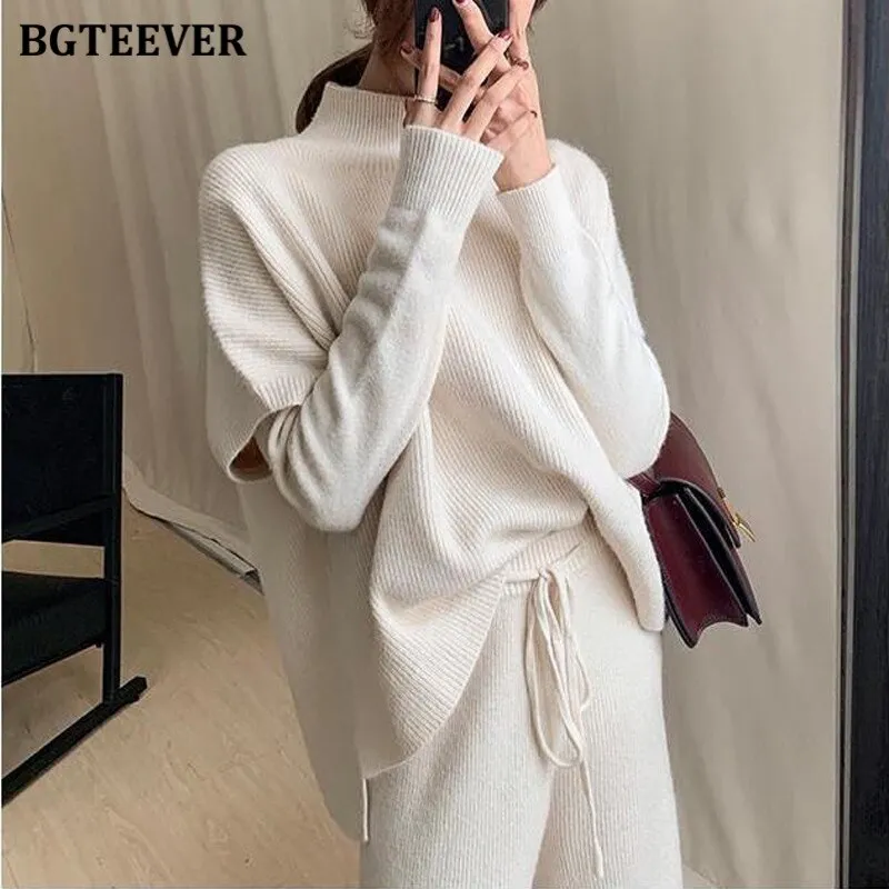 Christmas Gift Joskaa Winter 3 Pieces Sweater Set Women Half Turtleneck Vest & O-neck Pullovers & Lace-up Loose Pants 2020 Female Knitted Set