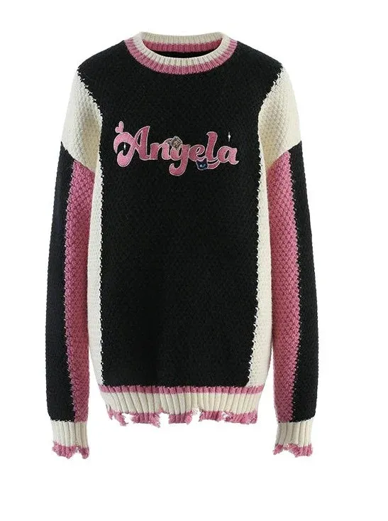 Contrast Color Logo Damaged Knit