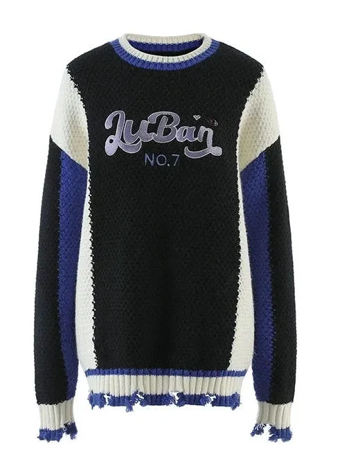 Contrast Color Logo Damaged Knit