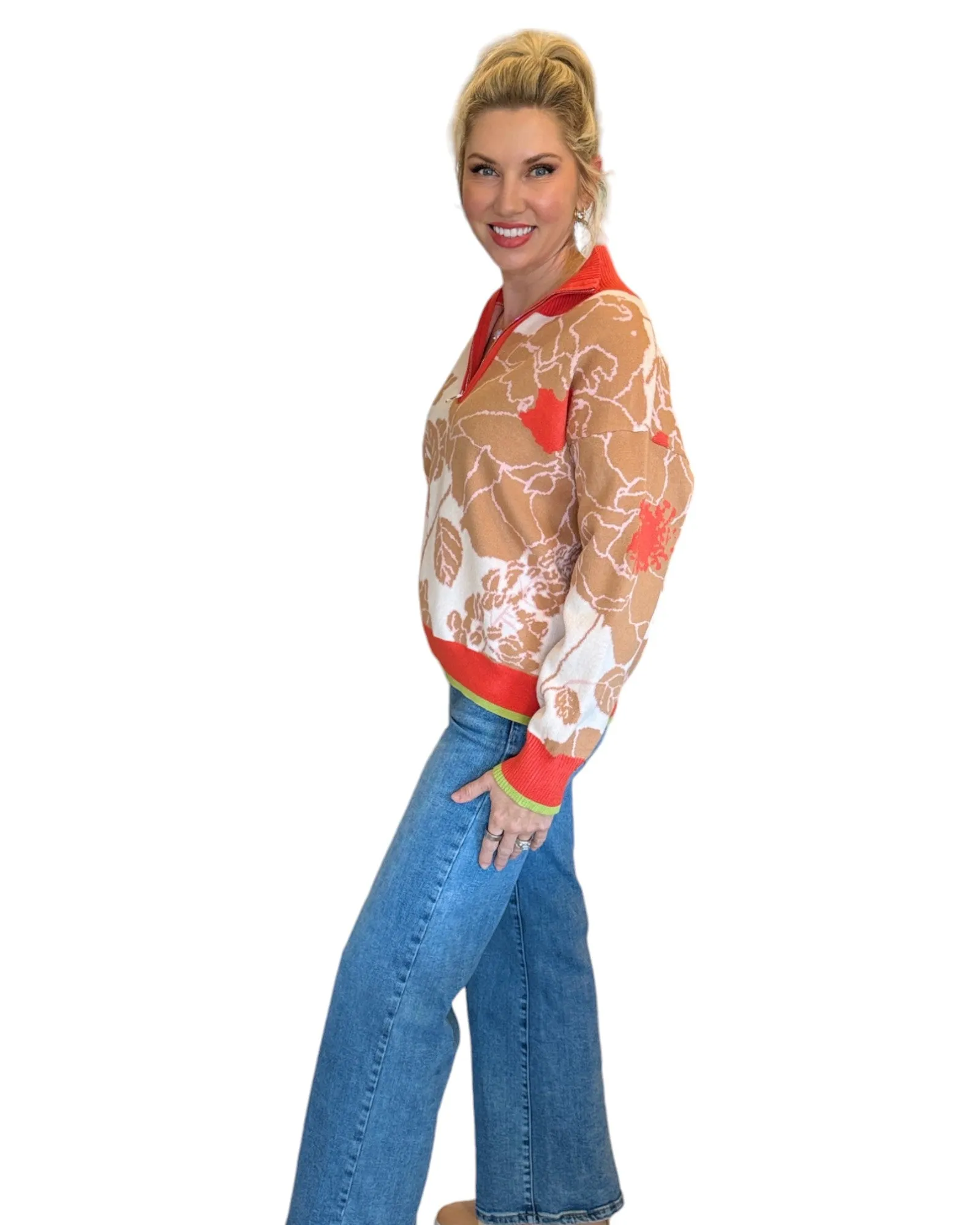 Coral Floral Knit Half Zip Pullover
