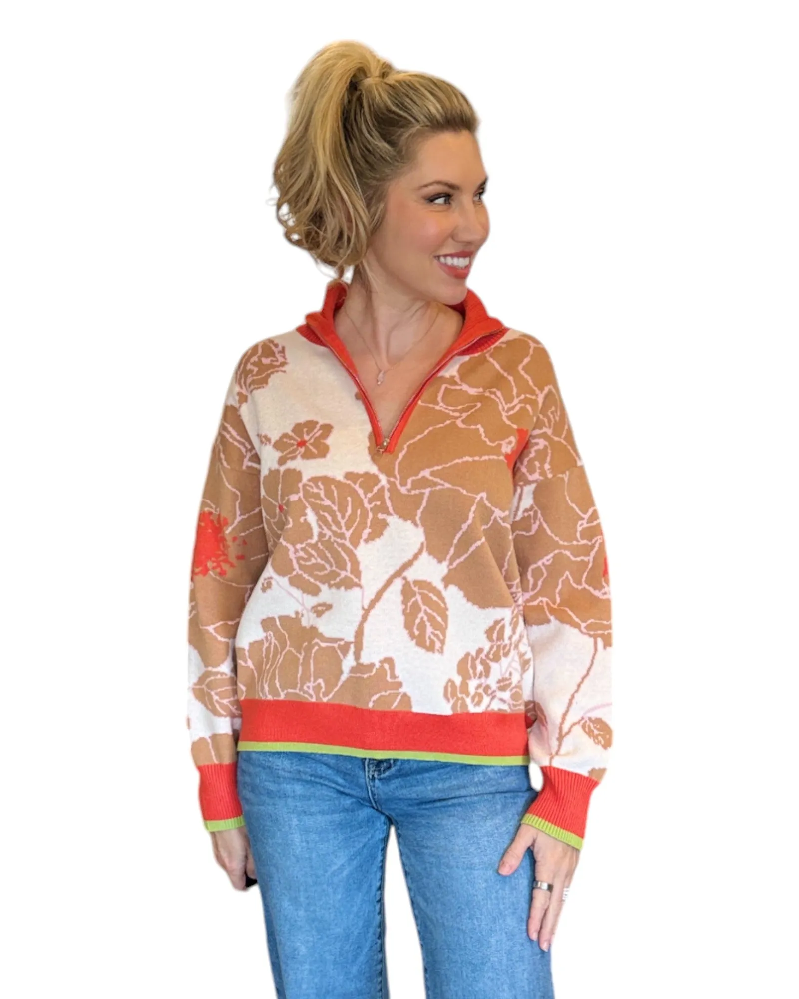 Coral Floral Knit Half Zip Pullover