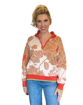 Coral Floral Knit Half Zip Pullover