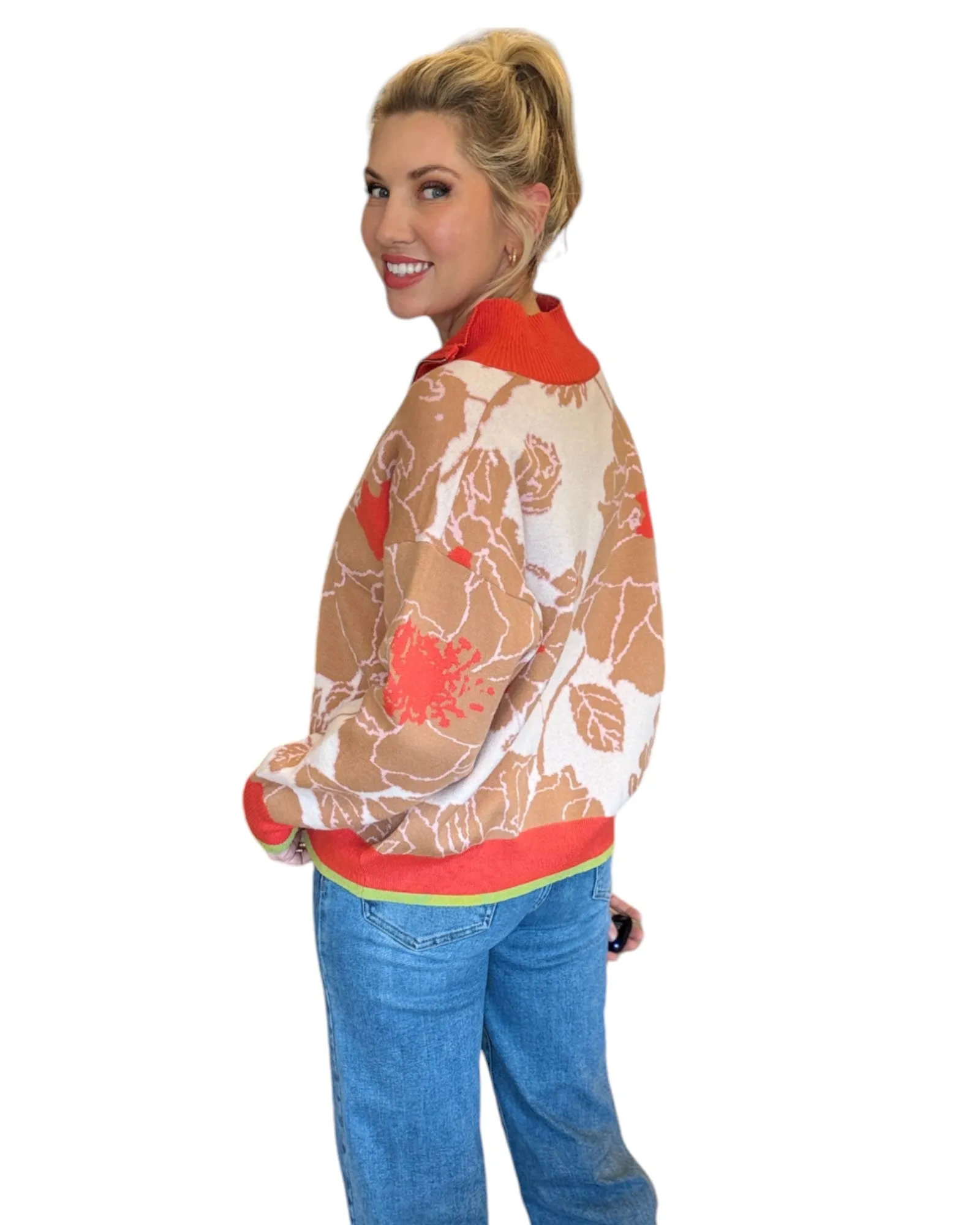 Coral Floral Knit Half Zip Pullover