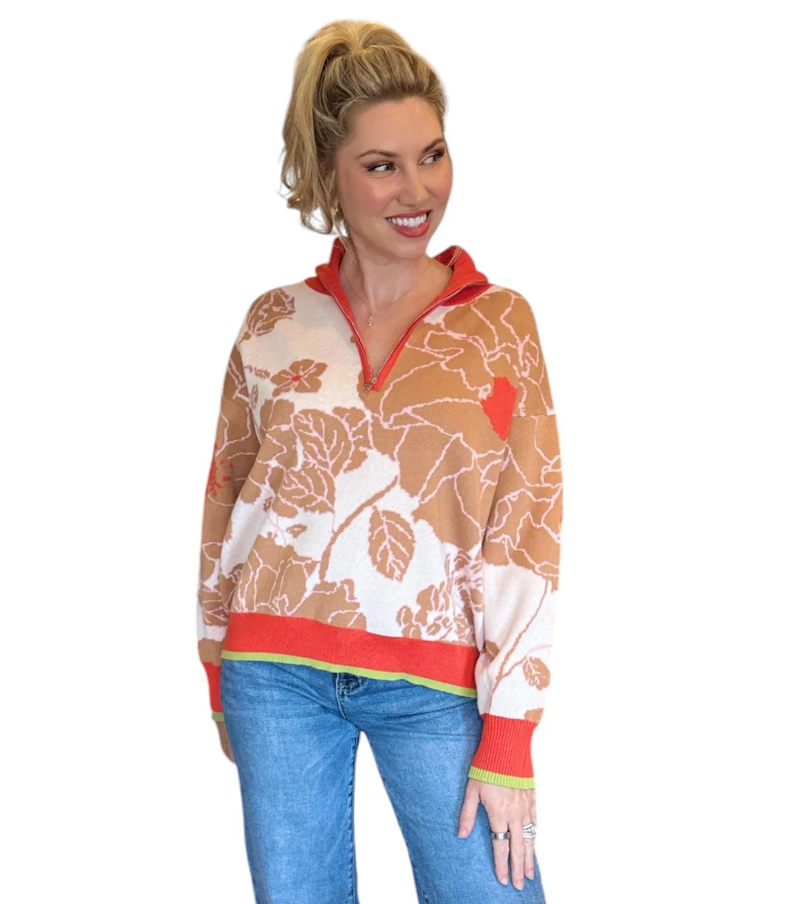 Coral Floral Knit Half Zip Pullover