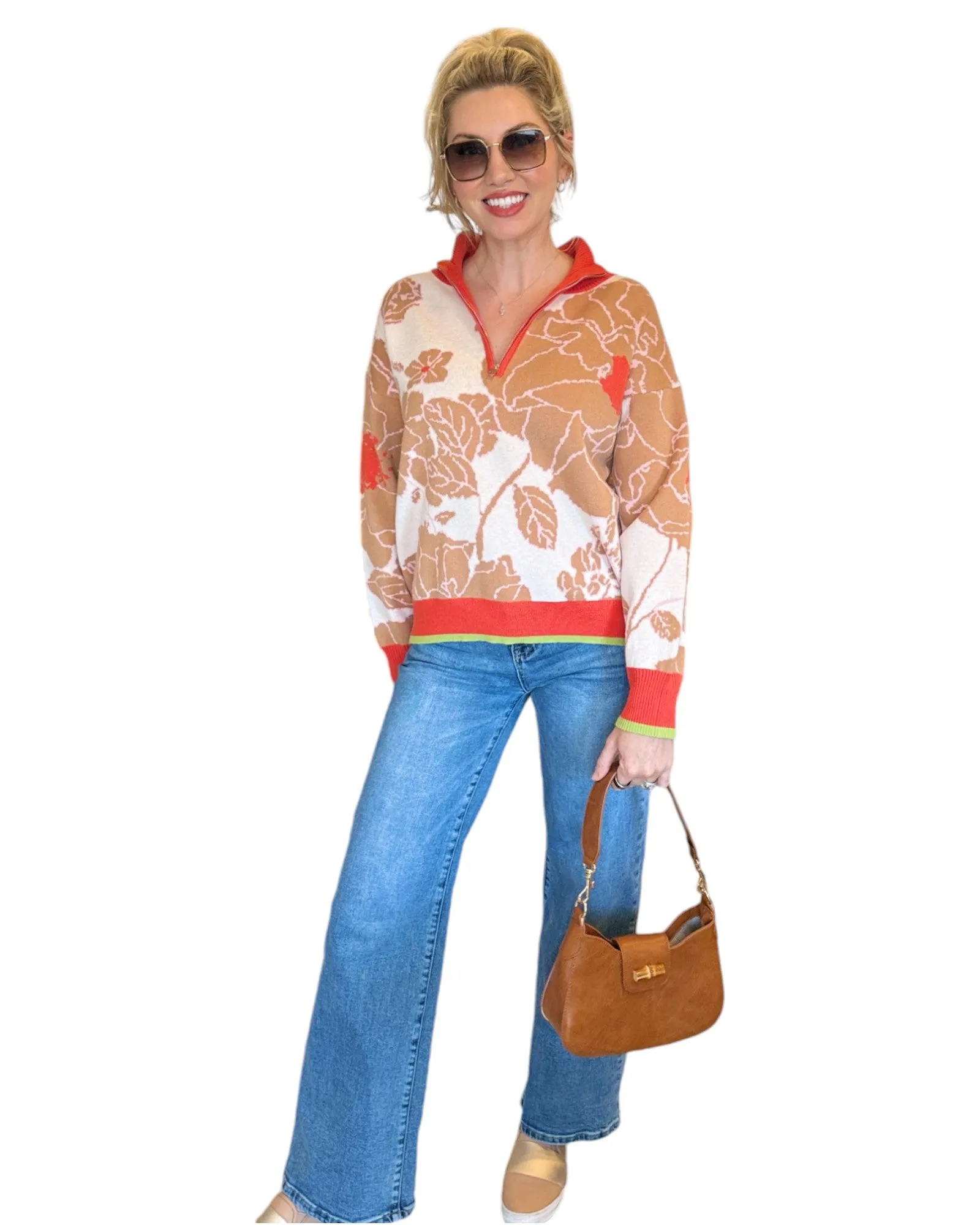 Coral Floral Knit Half Zip Pullover