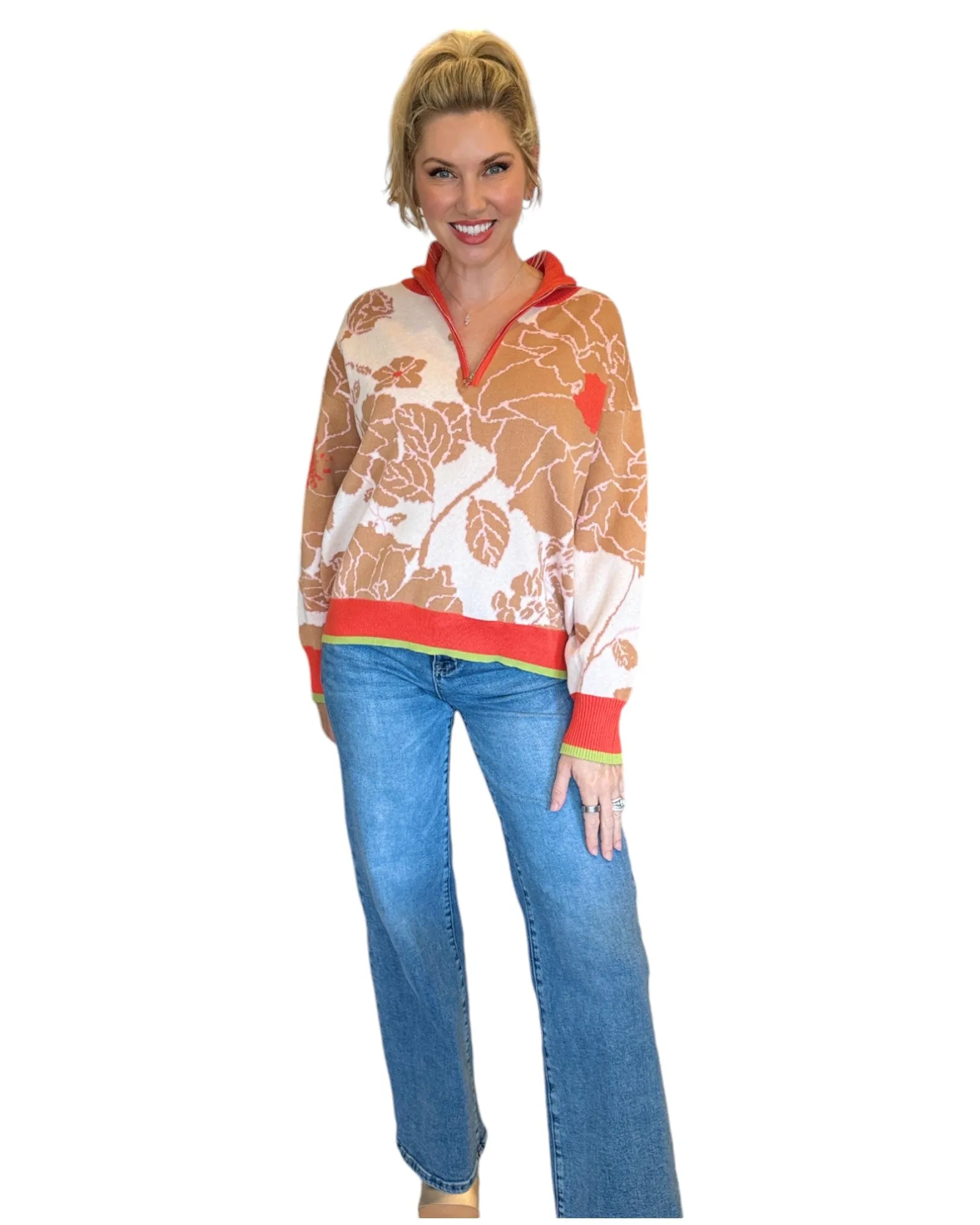 Coral Floral Knit Half Zip Pullover