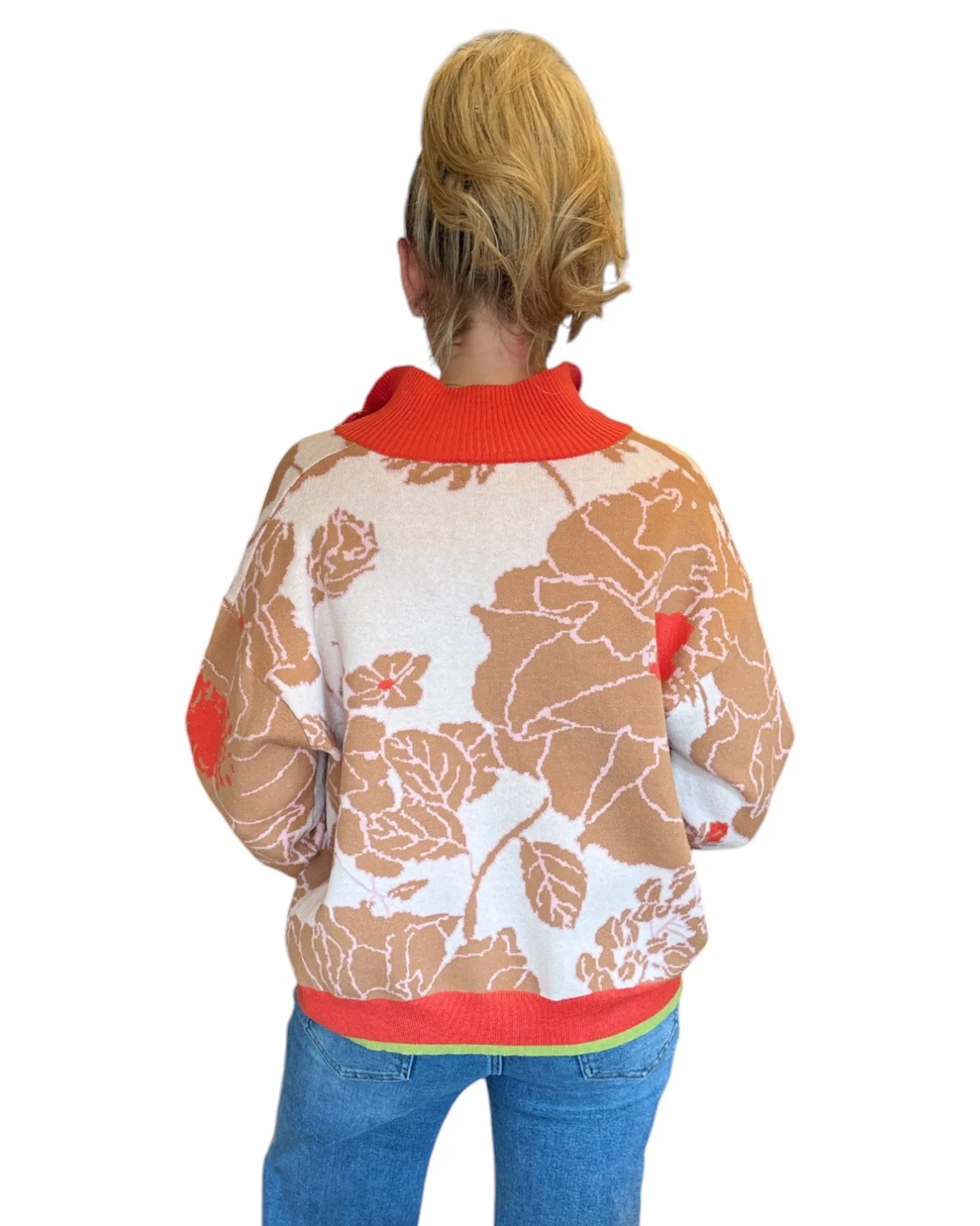 Coral Floral Knit Half Zip Pullover