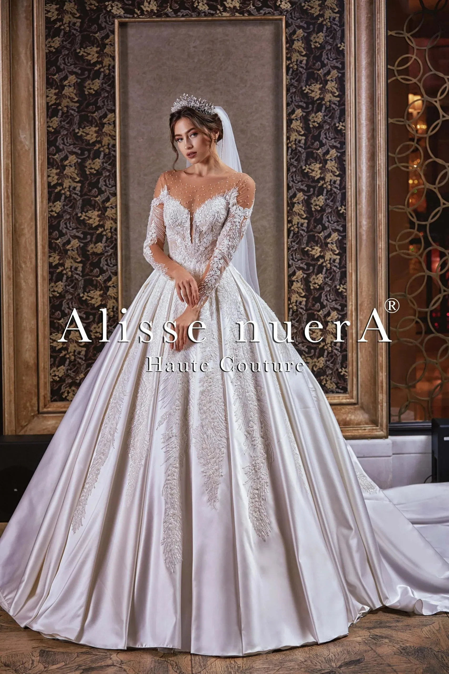 Crystal Beaded Sheer Illusion Sweetheart Neckline Satin Pleated Wedding Gown