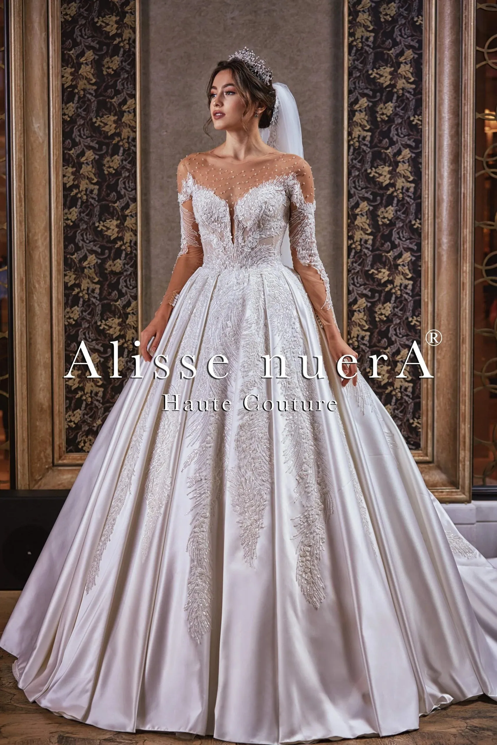 Crystal Beaded Sheer Illusion Sweetheart Neckline Satin Pleated Wedding Gown