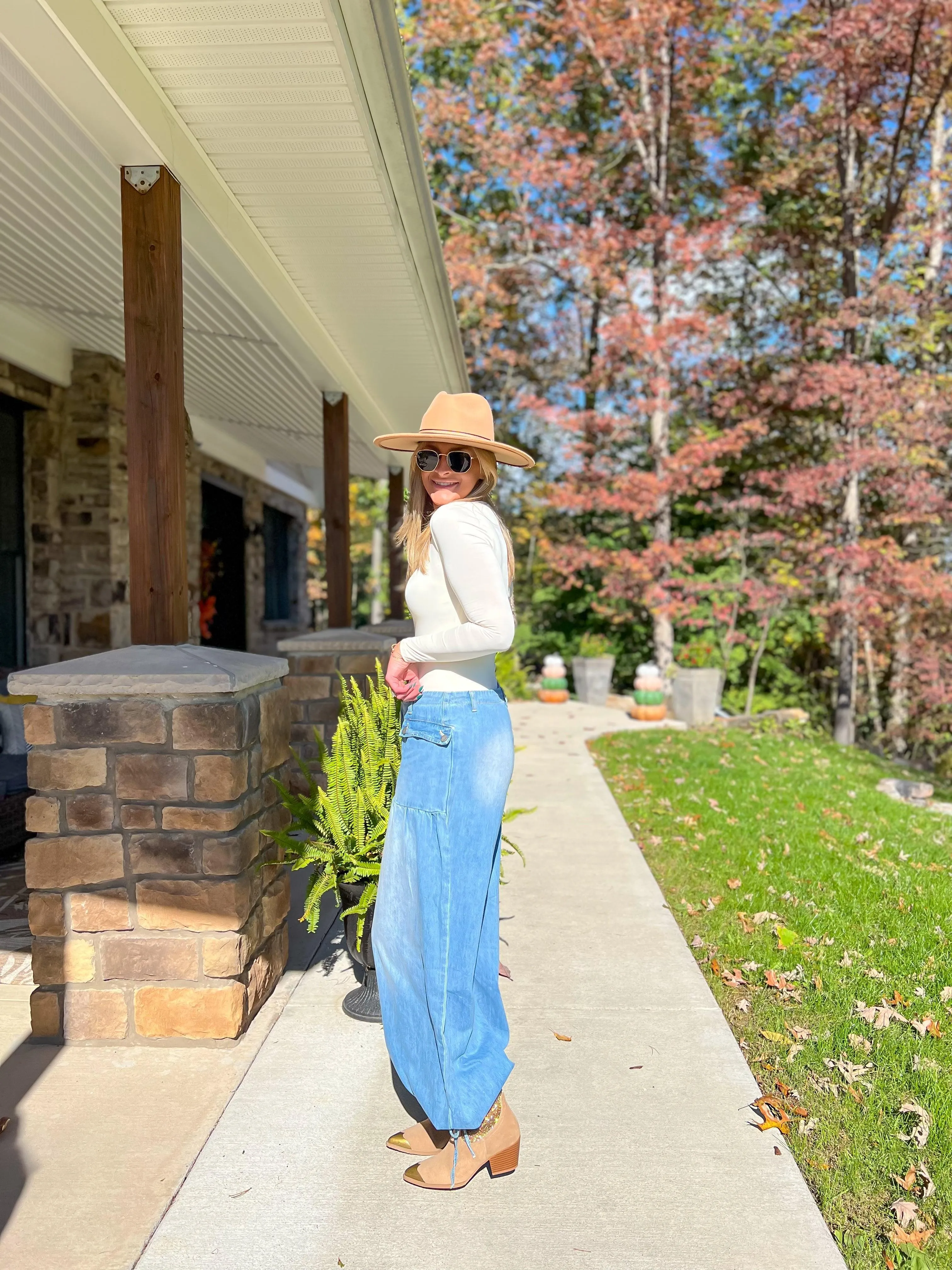 Denim Drawstring Ankle Wide Leg Maxi Pants
