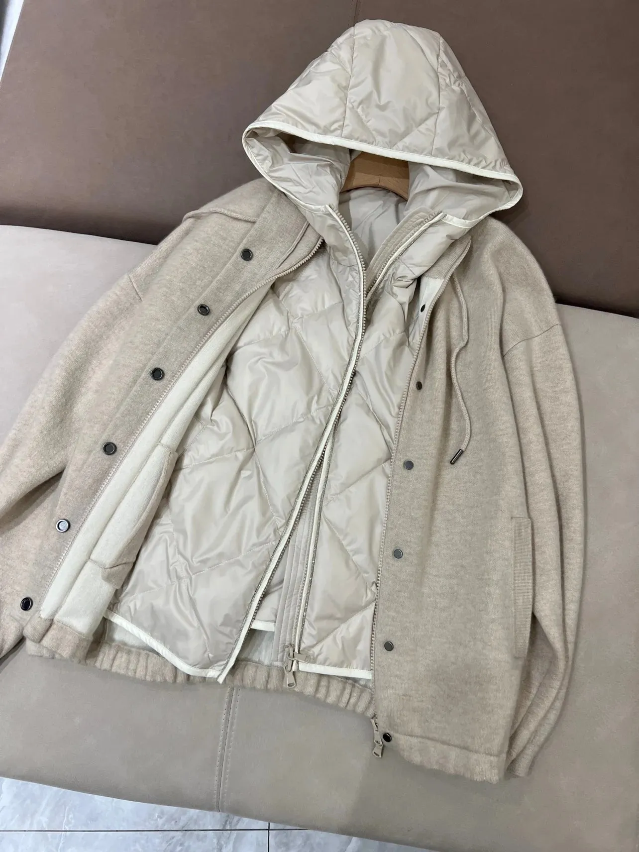 DERMEARNE Autumn Winter B*C Women's Cashmere Knitted Hooded Jacket Woman Goose Down Vest 2-Piece Set