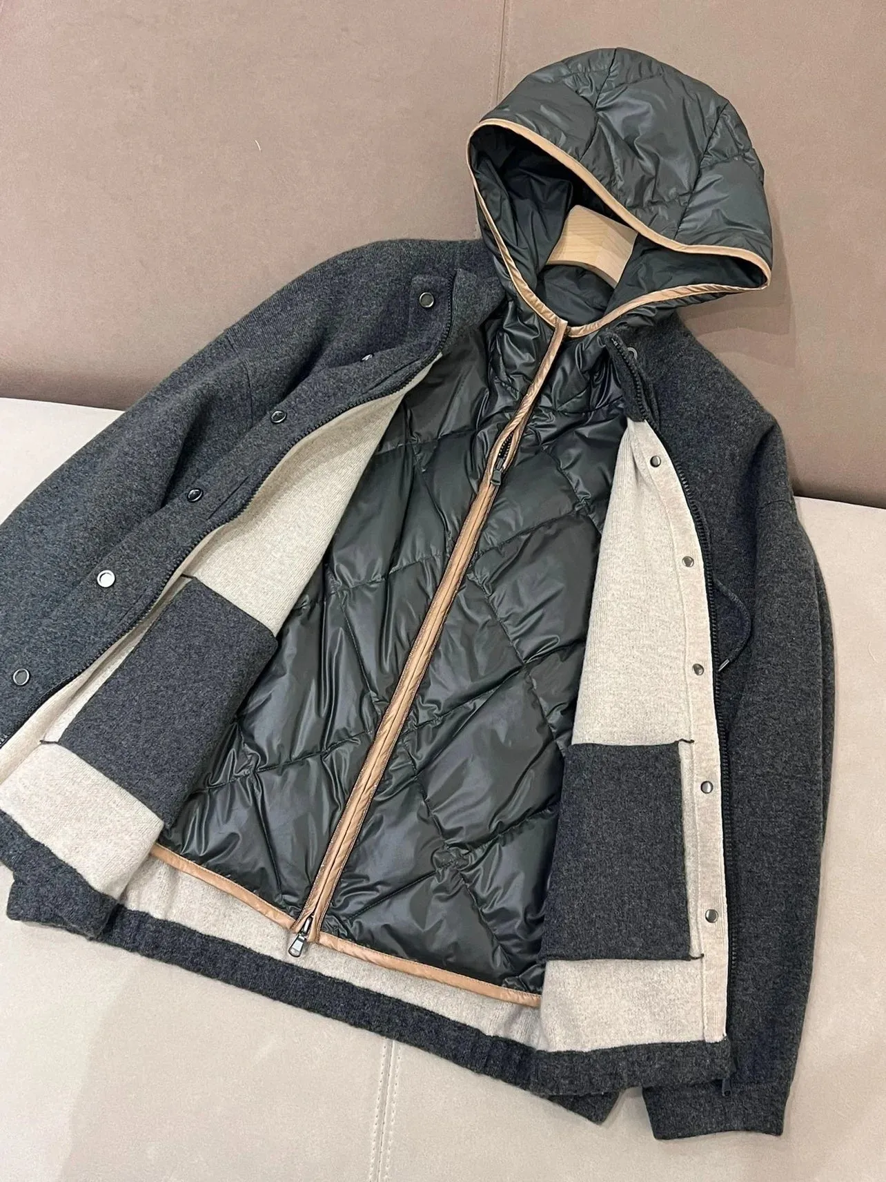 DERMEARNE Autumn Winter B*C Women's Cashmere Knitted Hooded Jacket Woman Goose Down Vest 2-Piece Set