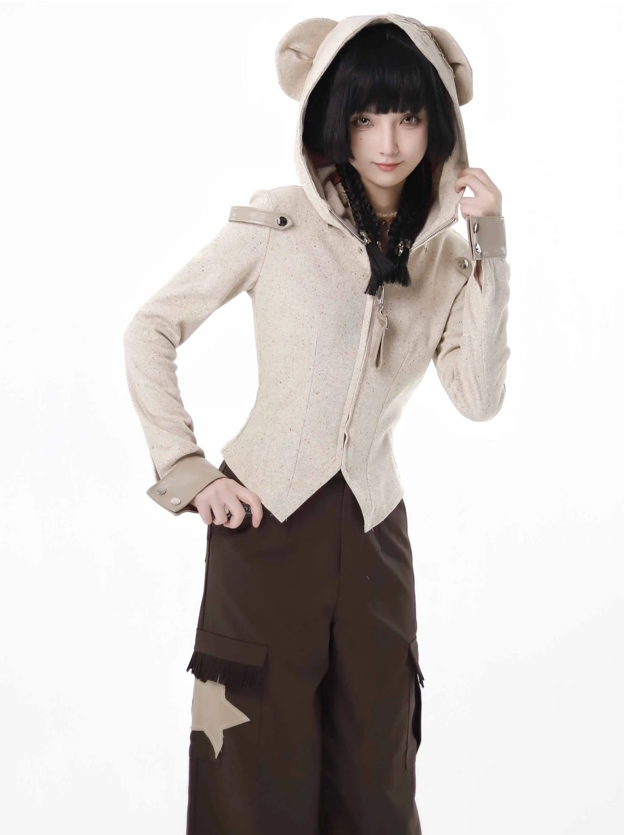 Design Split Wonder Bear Knit Top Shawl Maillard