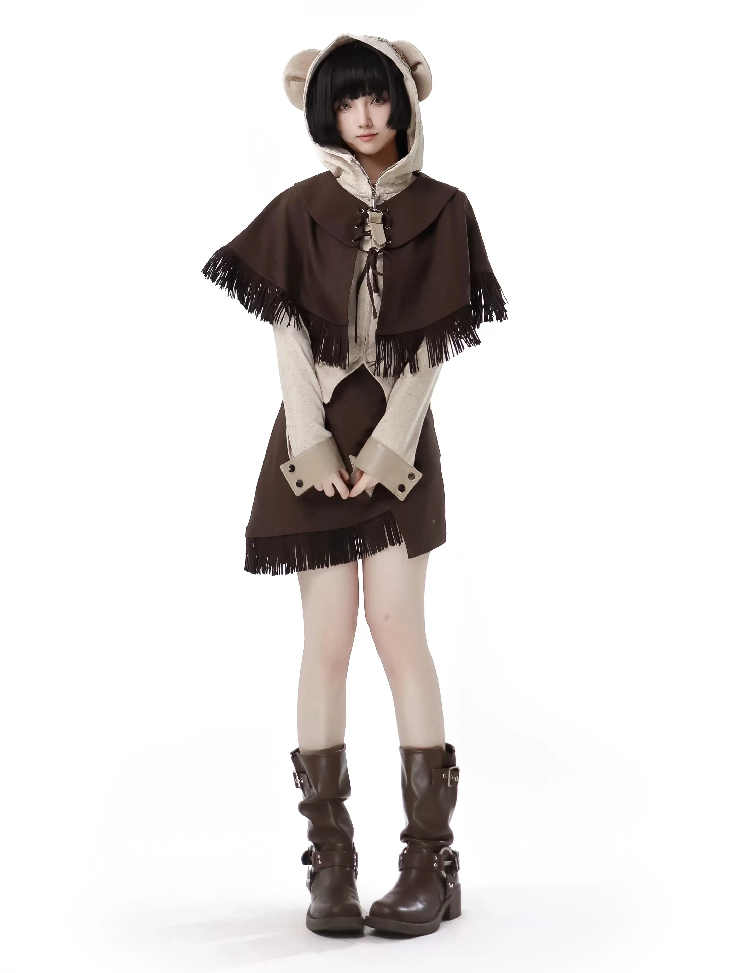 Design Split Wonder Bear Knit Top Shawl Maillard