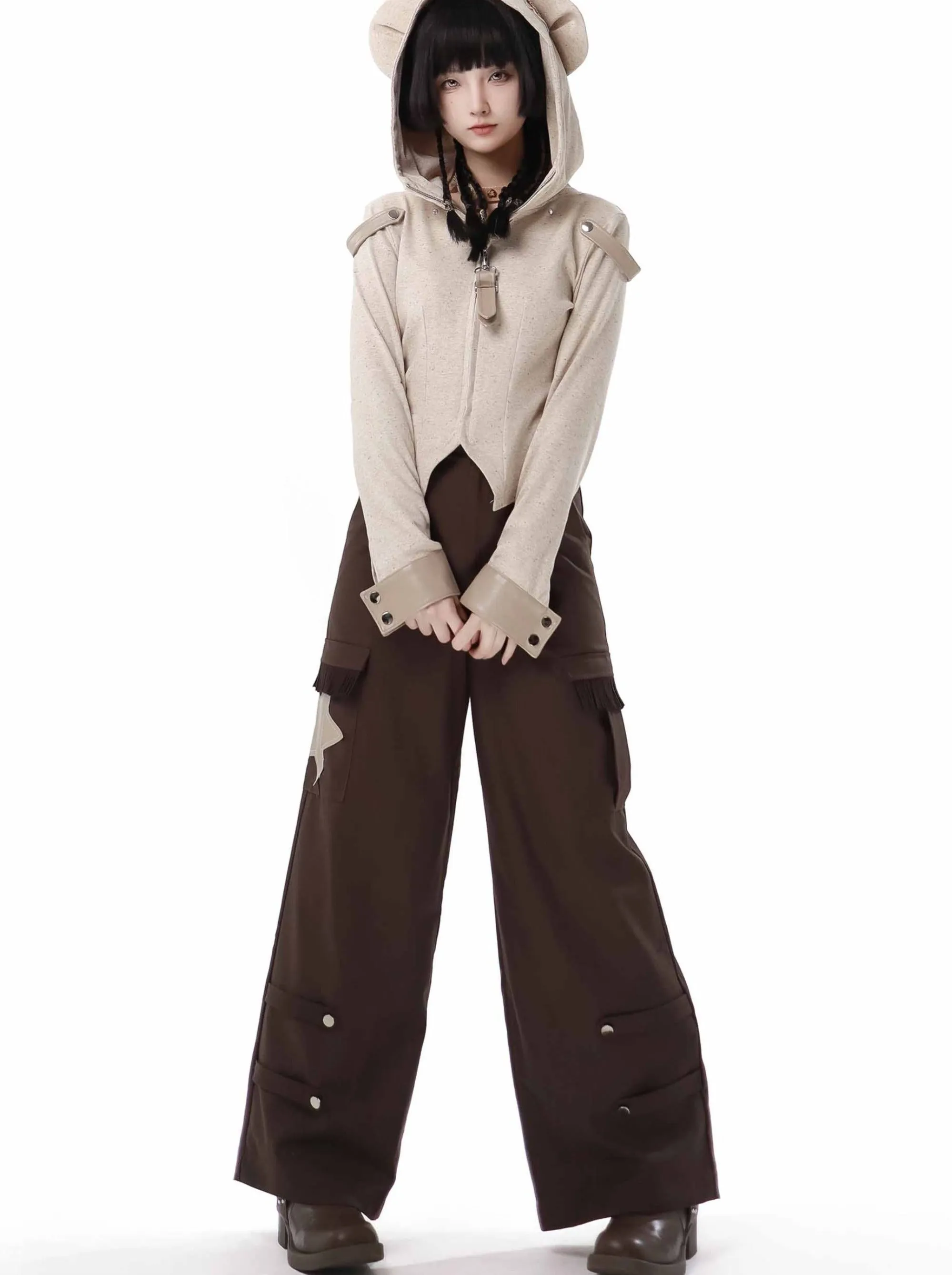 Design Split Wonder Bear Knit Top Shawl Maillard