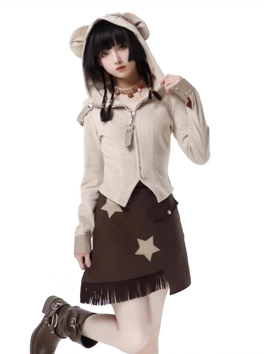 Design Split Wonder Bear Knit Top Shawl Maillard