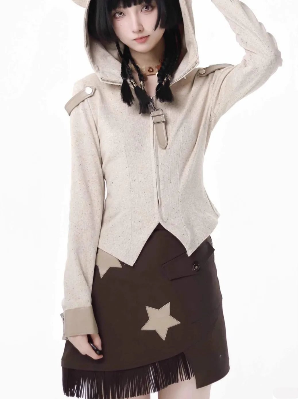 Design Split Wonder Bear Knit Top Shawl Maillard