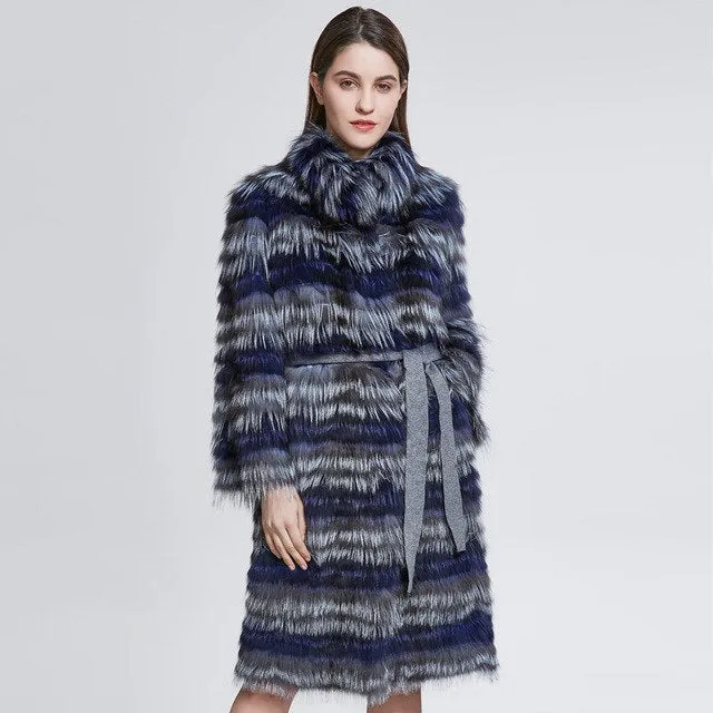 Fashion Belt Real Silver Fox Fur Coat