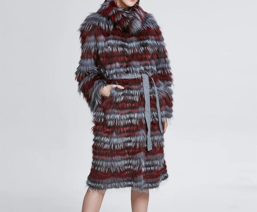 Fashion Belt Real Silver Fox Fur Coat