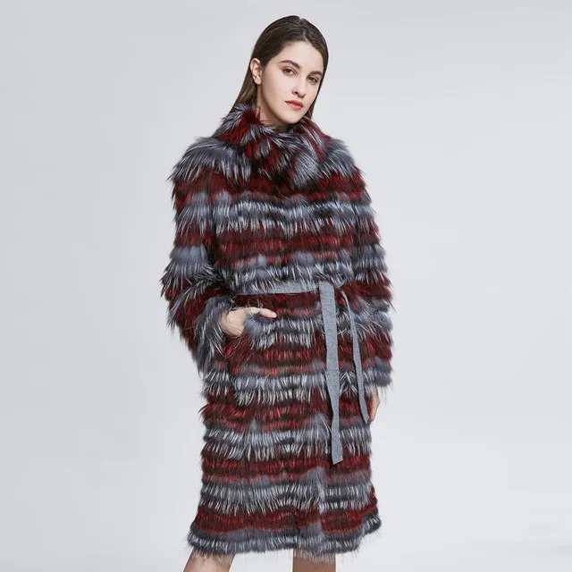 Fashion Belt Real Silver Fox Fur Coat