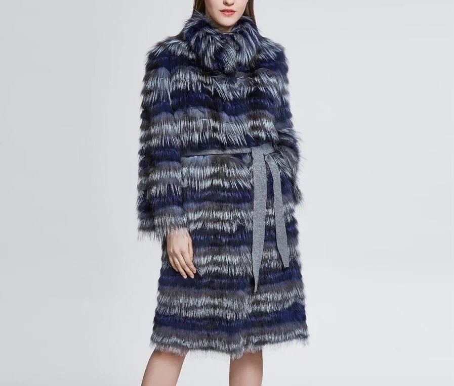Fashion Belt Real Silver Fox Fur Coat